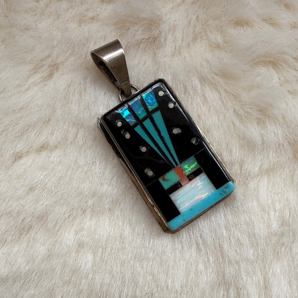 Navajo Artisan made Silver and stone inlay Pendant Necklace